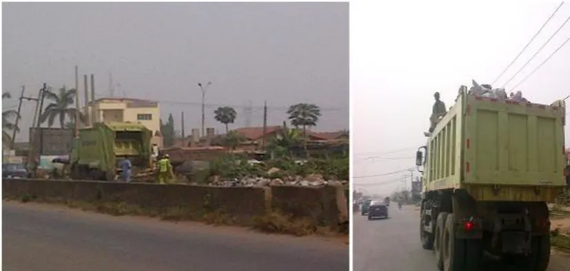 Fig. 3. Compactor and the open trucks in operation during the field survey 