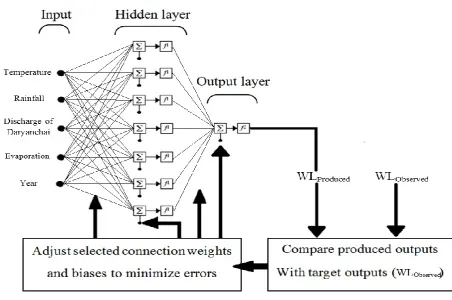 Fig. 6. Typical Architecture of feed forward BP neural network with seven neurons in the hidden layer (Hosseini, 2013); by comparing produced groundwater level (WLProduced) and observed groundwater level (WLObserved) during the training phase, errors propa