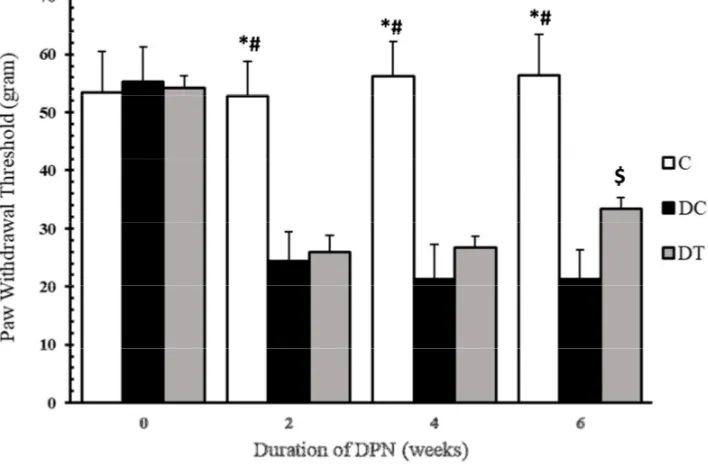 Figure 2. Thermal hyperalgesia in C, DC and DT groups before STZ injection and after two, four and six weeks of diabetes induction Compared to C, * and # marks represent significant differences from DC (P-value= 0.001) and DT (P-value= 0.001) groups, respe