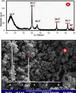 Fig. 2.  XRD pattern (A), SEM image with EDX spectra (B) and TEM image with particle size distribution of Pd@nanocat (C).