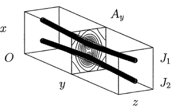 Fig. 8. Schematic illustration of the geometry for the 3D simulation. Thedots represent the axial current J1 and J2 carried by ions, and contours onthe poloidal cross section show the y-component of the vector potentialAy.