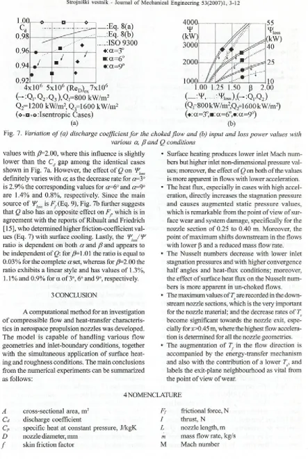 Fig. 7. Variation o f (a) discharge coefficient for the choked flow and (b) input and loss power values with