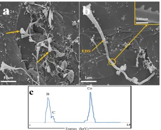 Fig. 9. the SEM image of the catalyst which has been applied to the crucible lid. (a) and (b) at 1500 ⁰C with various magnifications, (c) the EDS analysis result of the highlighted point