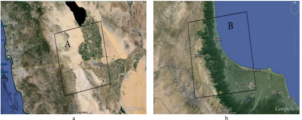 Figure 6. Geographic location and coverage of test datasets. (a) El Centro, Mexico, (b) Rasht, Iran 