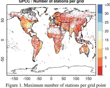 Figure 1. Maximum number of stations per grid point considered for the compilation of the 1° version of the 