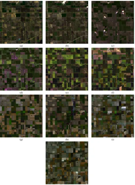 Figure 2. True color composite images of different dates during the 2012 growing season for the time-series used in this study: (a) 14 May ; (b) 20 May;  (c) 4 Jun; (d) 28 Jun; (e) 5 Jul; (f) 21 Jul; (g) 19 Aug; (h) 29 Aug; (i) 9 Sep; (j) 14 Sep 