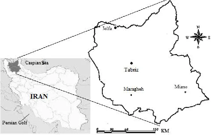 Figure 1. Location of the East Azerbaijan Province and the selected stations in the study  