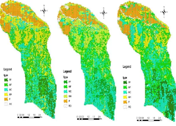 Figure 2. Classification maps obtained by CART (a), BRT (b) and RF (c) Results of forest type classification using three algorithms 