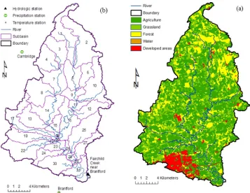 Figure 1. Land use (a) and watershed delineation (b) of the Fairchild Creek watershed  