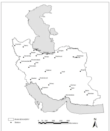 Figure 1. The studied stations according to their distribution in Iran 