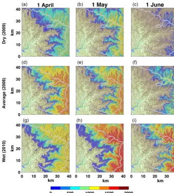 Figure 2. Simulated SWE over the greater Kaweah River basin on the ﬁrst of Aprildry water year (2009; (a, d, h), May (b, e, i), and June (c, f, j) for a moderately a, b, c), near-climatological-average water year (2008; d, e, f), and a moderately wet water year (2010; g, h, i).