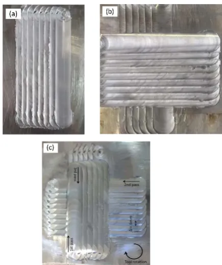Fig. 1.  Typical surface appearance of the FSPed samples after the a) first pass, b) second cross over, and c) third intersectional passes 