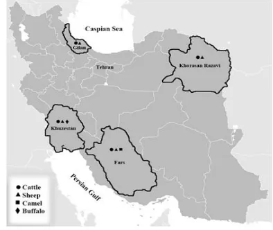 Fig. 1: The geographic locations where the para-sitic flukes (Fasciola spp.) were collected from different hosts in Iran  