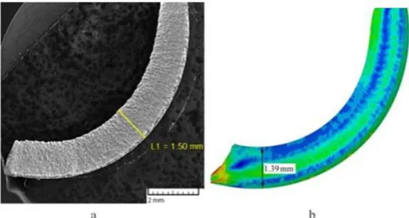 Fig. 15. Comparison between experimental and numerical chip geometry: (a) experimental result using of   AISI M42 die (b) numerical result with μ=0.2 and rake angle=15° 
