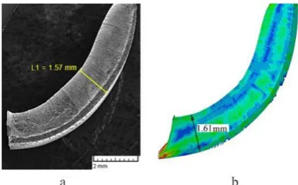 Fig. 7. Comparison between experimental and numerical chip geometry: (a) experimental result   using of AISI D3 die (b numerical result with μ=0.2 and rake angle=10° 