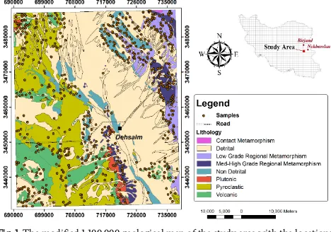 Fig. 1. The modified 1:100,000 geological map of the study area with the locations of taken stream sediment samples