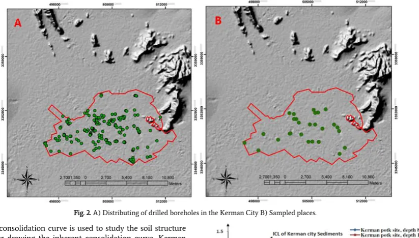 Fig. 2. A) Distributing of drilled boreholes in the Kerman City B) Sampled places. 