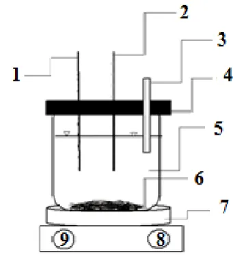 Fig. 1. Schematic view of the leaching reactor: 1-termometer, 2- Eh probe, 3- Sampling system,   4- Blind, 5- Pulp, 6- Copper concentrate and pyrite samples, 7- Magnetic impeller, .8- Temp controller,  9- Impeller controller  