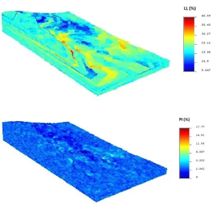 Figure 8. 3D models of Mashhad soil plastic properties (average values) in  oblique view with vertical exaggeration coefficient of 10