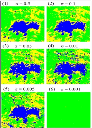 Fig. 11. Final classified alteration maps resulted from the SVM by (a) σ= 0.5, C= 100 and (b) σ= 0.5, C= 2000 