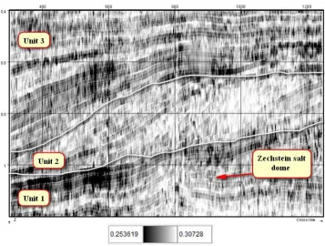 Fig. 11. The seismic section of porosity (in-line 442) estimated by PFE 