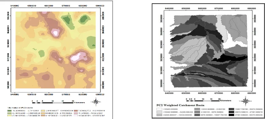 Fig. 5b. Distribution map of factor score F2: interpolated values (left) and WCB map (right)  