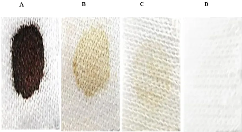 Figure 8. Washing performance test.(A) Unwashed blood stained cloth, (B) blood stained cloth immersed in water, (C) blood stained cloth in 5 g/L enzyme free detergent solution, (D) blood stained cloth in detergent solution containing crude enzyme  