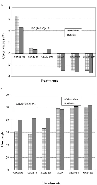Figure 1. Effect of 1-MCP (1.8µL/L) and CaCl2 (mM) on color value (a*) (A) and (Hº angle) (B) of olives after 12 weeks of storage at 6ºC 