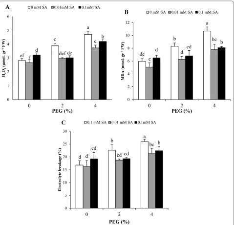 Fig. 1 Effects of SA pretreatment and PEG on replicates (n A H2O2, B MDA content and C electrolyte leakage of Artemisia aucheri