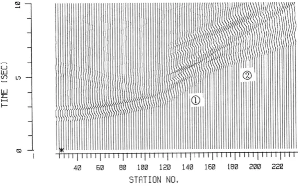 Fig. 3. Heterogeneous velocity structure model with a thrust fault having thrust angle of 45 degrees and snapshots of simulation