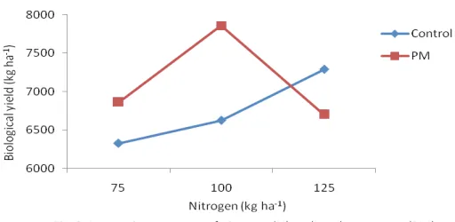Figure 6: Interaction between fertilizer nitrogen (N) and poultry manure (PM) for number of grains per spike.