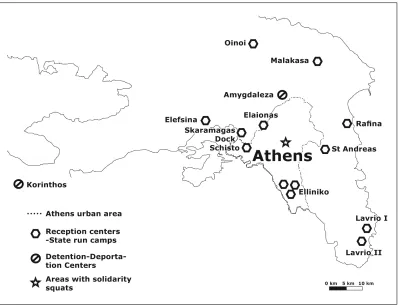 Figure 1. State-run refugees’ camps and solidarity refugee squats in Athens (source: the author) 