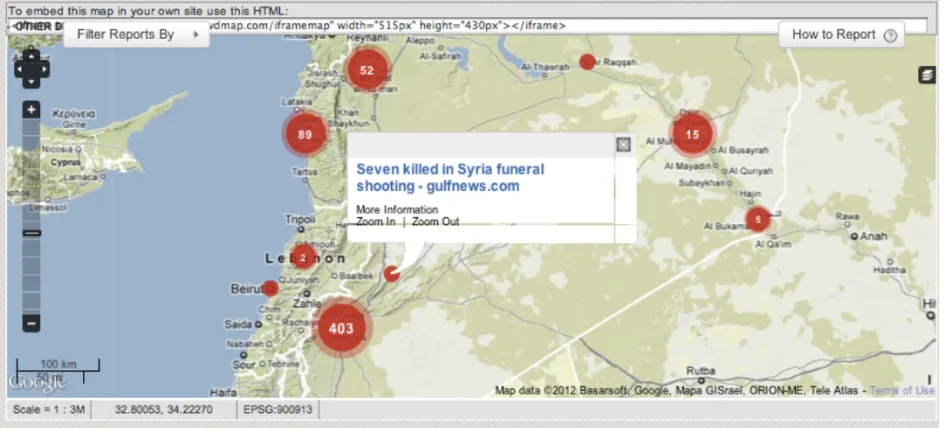 Figure 1. An example of a crisis map, the 'Syria Tracker' map. Each report becomes a dot on the map