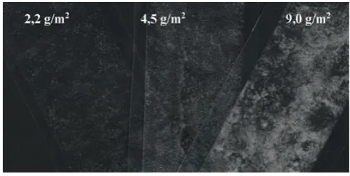 Figure 1 - Ethalon 2,2; 4,5 a 9,0 g/m2; ground coffee material, particles 15 to 40 μm, median 25μm 