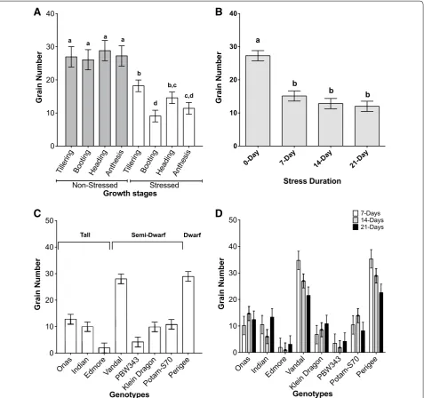 Fig. 3 The phenotypic plasticity was measured by the grain number in all charts. The Charts shows that environmental variance of GxE under drought stress was promoted by the adaptive developmental plasticity more than the stress duration only