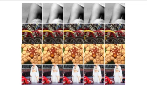 Fig. 6 Visual comparison of Barbara, Kodak-05 , Starfish, Yan, from left to right correspond to: original, bicubic, [11, 12], and proposed method
