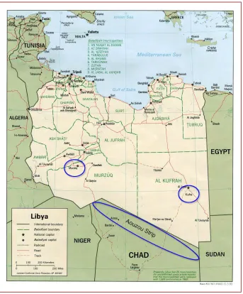 Figure 1: Libya with the Murzuq oasis, the Kufra oasis and the Aouzou Strip. 