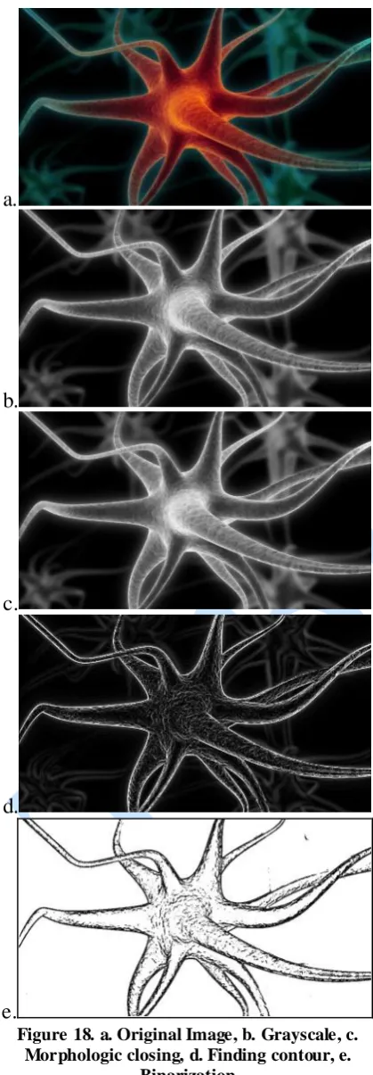 Figure 18. a. Original Image, b. Grayscale, c. Morphologic closing, d. Finding contour, e
