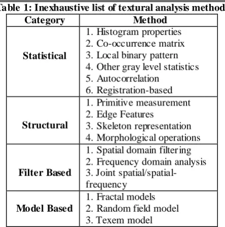 Table 1: Inexhaustive list of textural analysis methods  Category Method