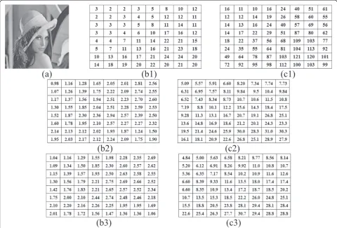 Figure 8 Examples of σSJRm;n 1 ≤ m; n ≤ 8, with different QF2 and (xS, yS). (a) An example image Lena
