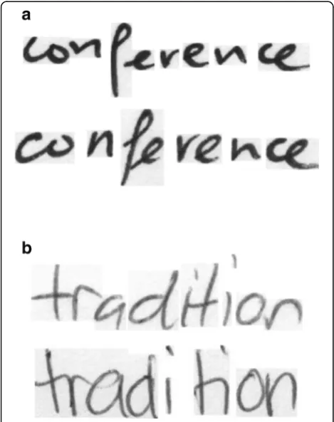 Fig. 6 Samples of high variability intra-writer (a) and low variabilityinter-writers (b)