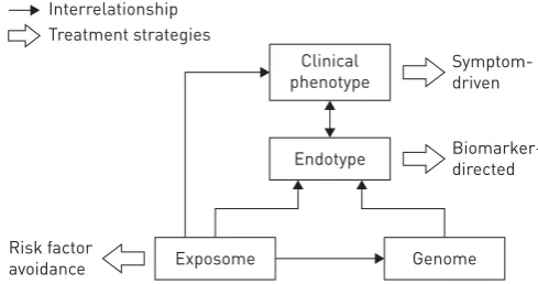 FIGURE 1 Diagram of the interrelationships between the exposome (the totality of human environmentalexposures, from conception onwards), genome (the genetic background of the individual), the endotype(biological networks that enable and restrict reactions)