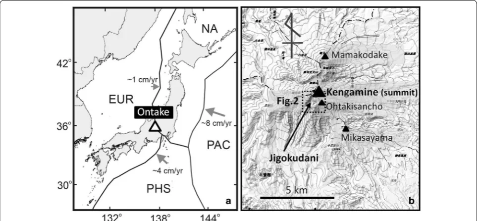 Fig. 1 a Location of Mount Ontake. PAC Pacific plate, PHS Philippine Sea plate, NA North America plate, EUR Eurasian plate