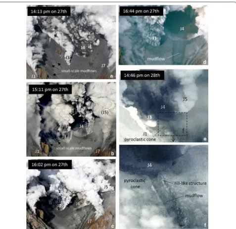 Fig. 3 Photographs of the eruption vents in the Jigokudani valley at a 14:13 on September 27 (Asahi Shimbun), b 15:11 on September 27 (The Mainichi), c 16:02 on September 27 (Asahi Shimbun), d 16:44 on September 27 (Asahi Shimbun), and e 14:46 on September