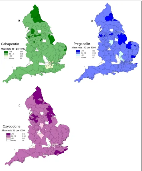 Figure 2 GIS visualisation of CCG’s mean rate of prescribing of a) gabapentin, b) pregabalin, and c) oxycodone