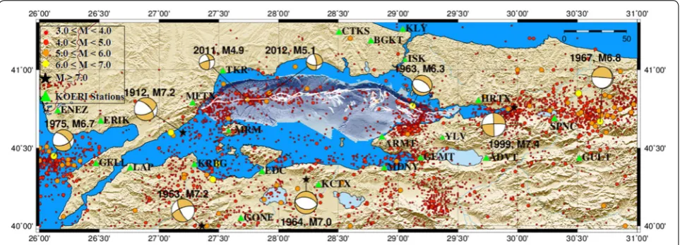 Fig. 3 Seismic activity (M > 3.0) in northwestern Turkey during 1900–2015 observed by Kandilli Observatory and Earthquake Research Institute (KOERI)