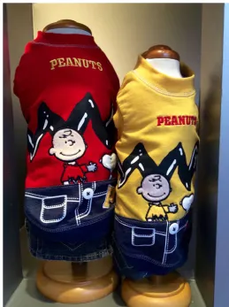 Figure 2. The erected mannequin dolls and a Peanut-outfit underline the dog’s humanness