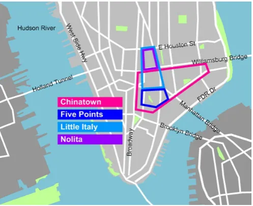 Figure 2 High- density areas in Manhattan’s Chinatown were selected for the desired population as delineated by the blue lines