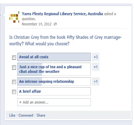 Figure 3: An example of an information sharing to engagement message, a Facebook post that shares a photo and then generates discussion (not included in order to protect user privacy)