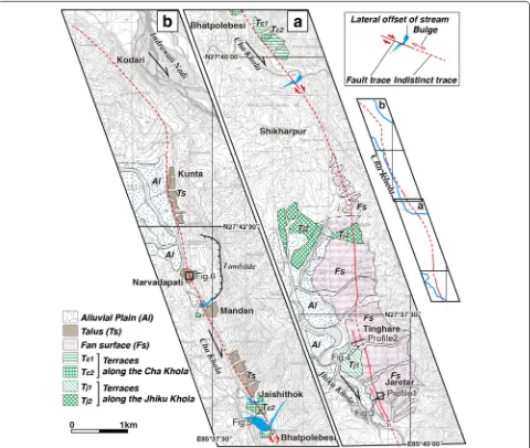 Fig. 2 a Geomorphic and fault trace map along the Jhiku Khola fault in southern part and b in the northern part